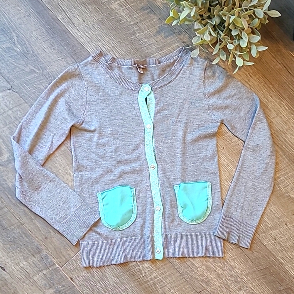 Girl's kids sweater cardigan size 7 8 grey sheer pockets